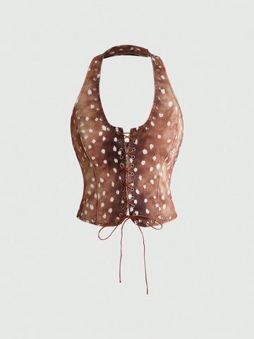 Women's brown sleeveless denim crop top featuring front tie knot and lace-up backless design