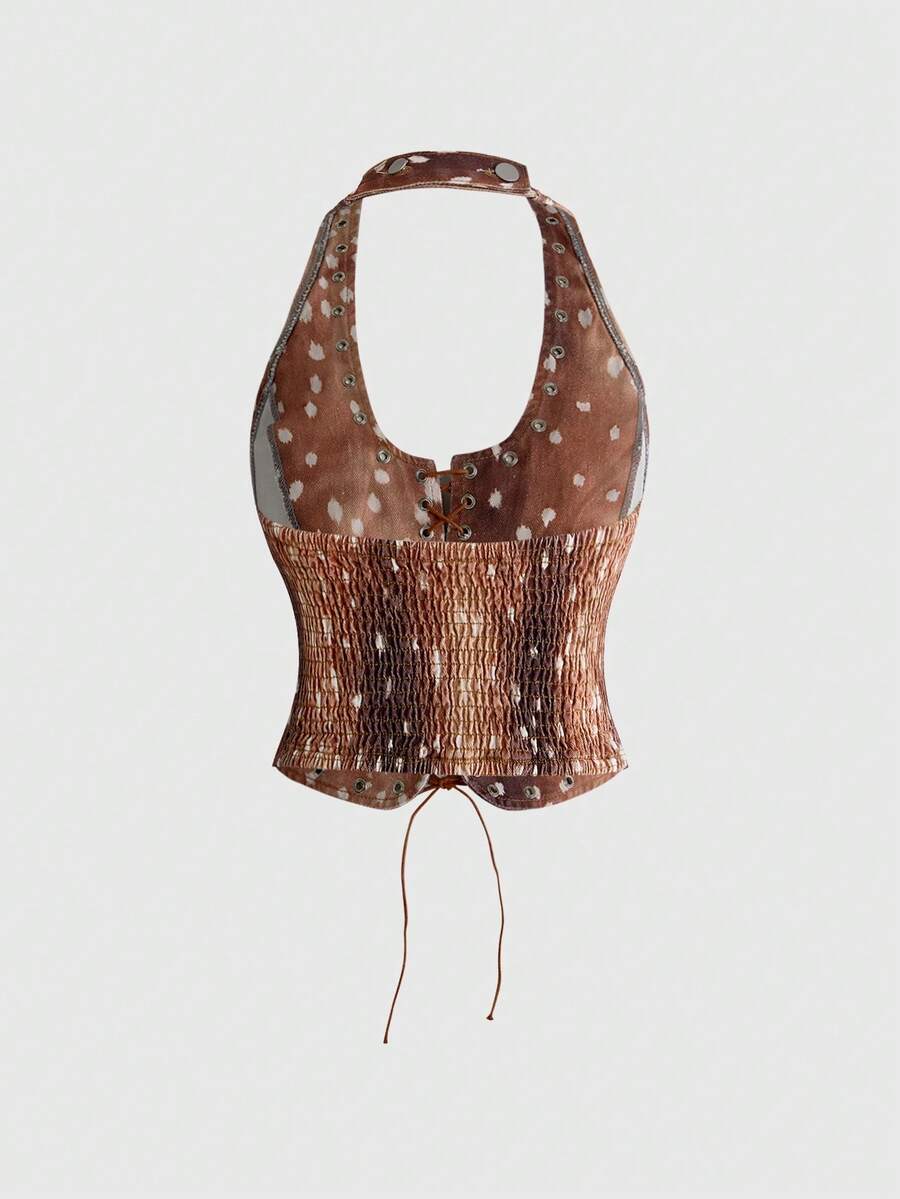 Women's brown sleeveless denim crop top featuring front tie knot and lace-up backless design