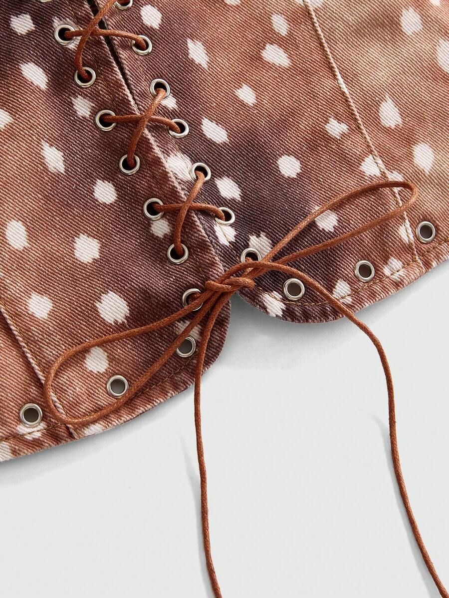 Women's brown sleeveless denim crop top featuring front tie knot and lace-up backless design