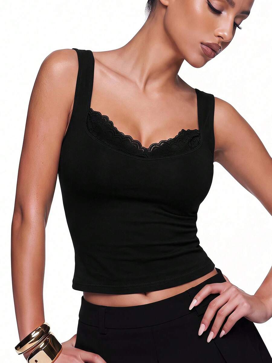 Black sleeveless crop cami top with wide straps, contrast lace trim, rib-knit texture, slim fit, and regular hem