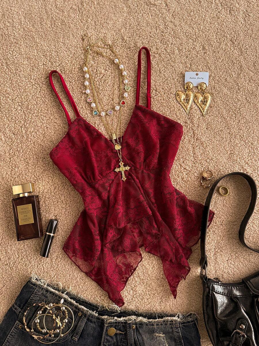 Attitoon women's Y2K style slim fit camisole top featuring contrast lace trim, spaghetti straps, plant print design, and an asymmetrical hem.
