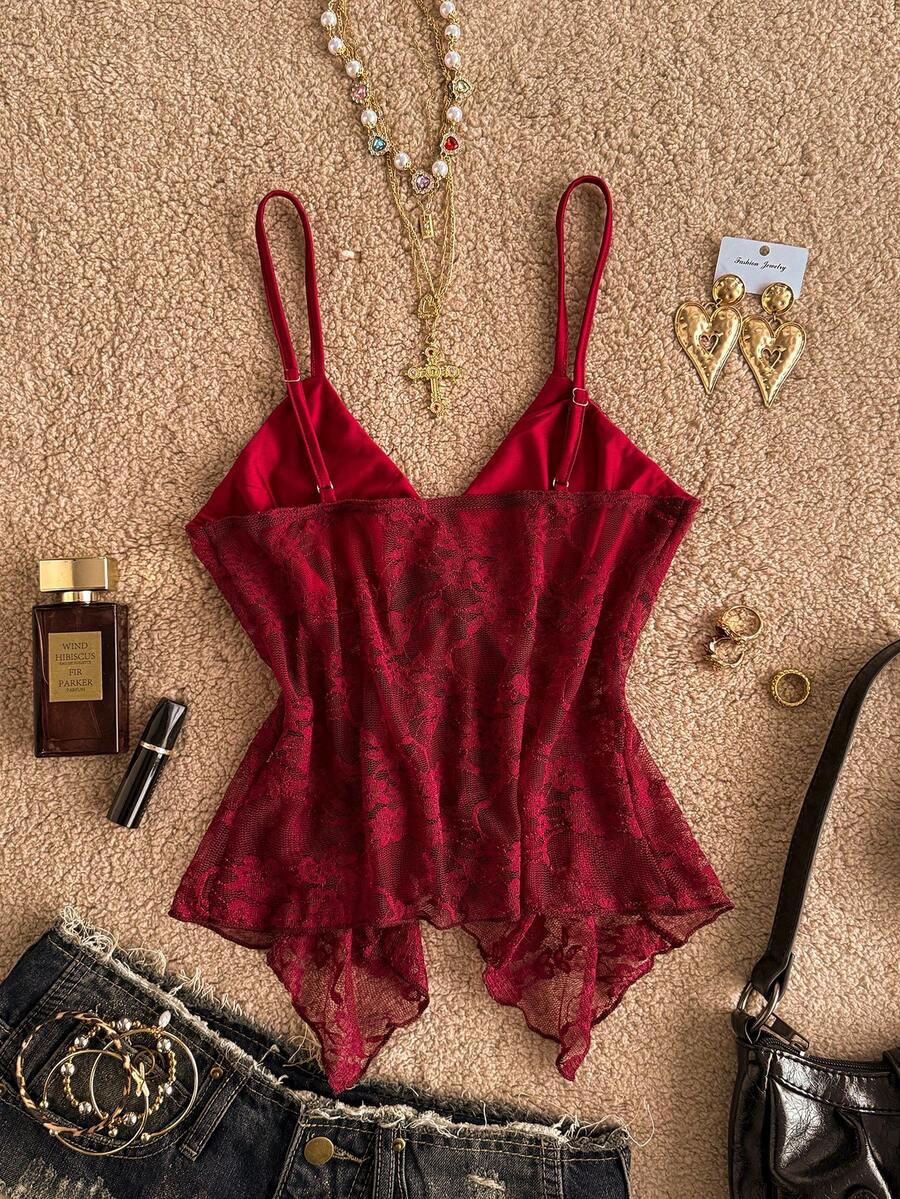 Attitoon women's Y2K style slim fit camisole top featuring contrast lace trim, spaghetti straps, plant print design, and an asymmetrical hem.