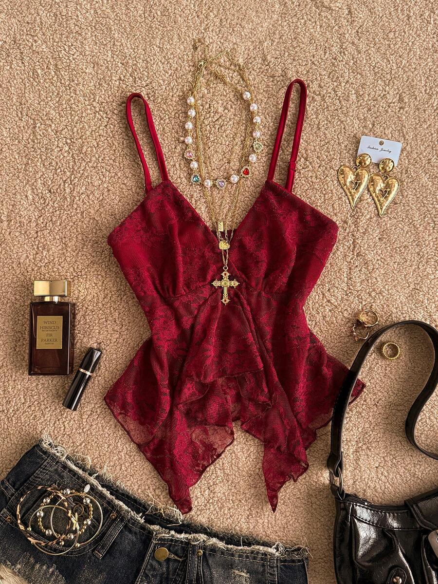 Attitoon women's Y2K style slim fit camisole top featuring contrast lace trim, spaghetti straps, plant print design, and an asymmetrical hem.