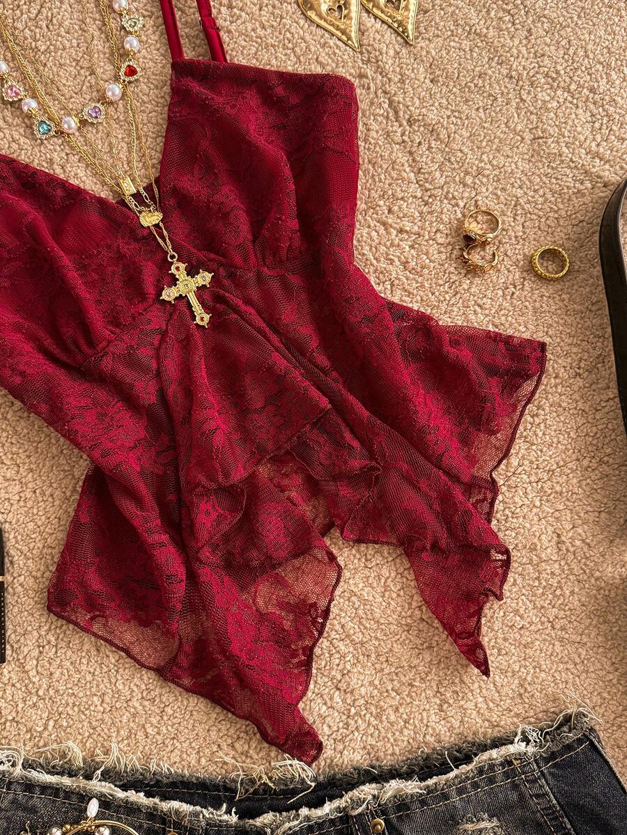 Attitoon women's Y2K style slim fit camisole top featuring contrast lace trim, spaghetti straps, plant print design, and an asymmetrical hem.