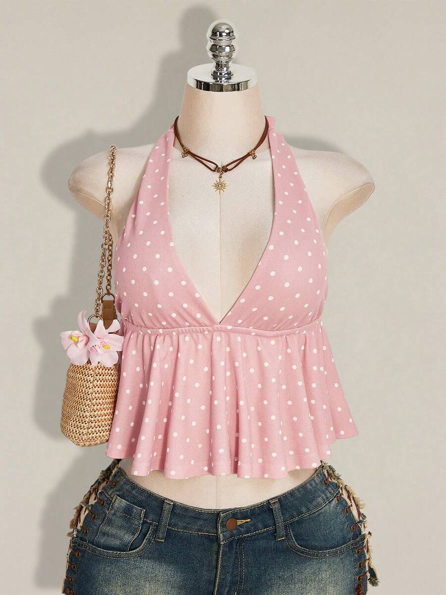 Women's polka dot print halter camisole with backless knot detail, ruched front, slim fit, and flared ruffle hem