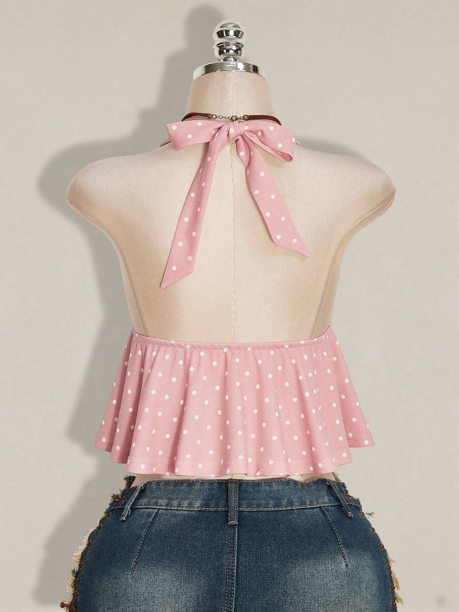 Women's polka dot print halter camisole with backless knot detail, ruched front, slim fit, and flared ruffle hem