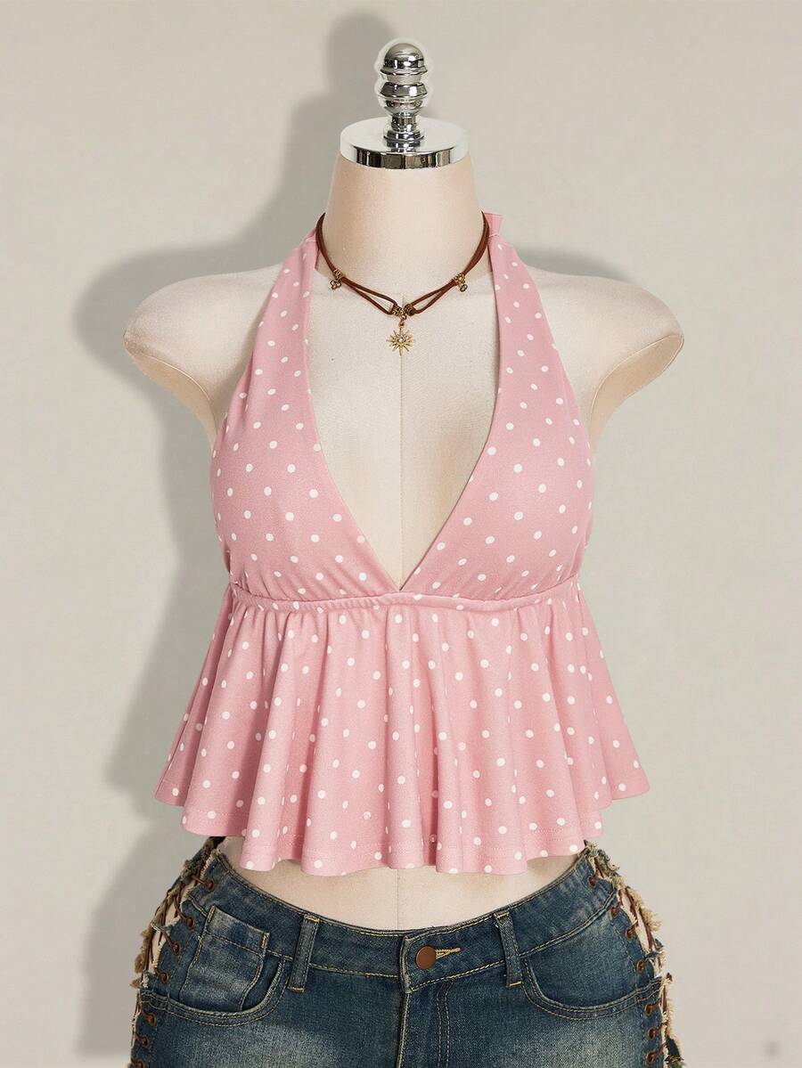 Women's polka dot print halter camisole with backless knot detail, ruched front, slim fit, and flared ruffle hem