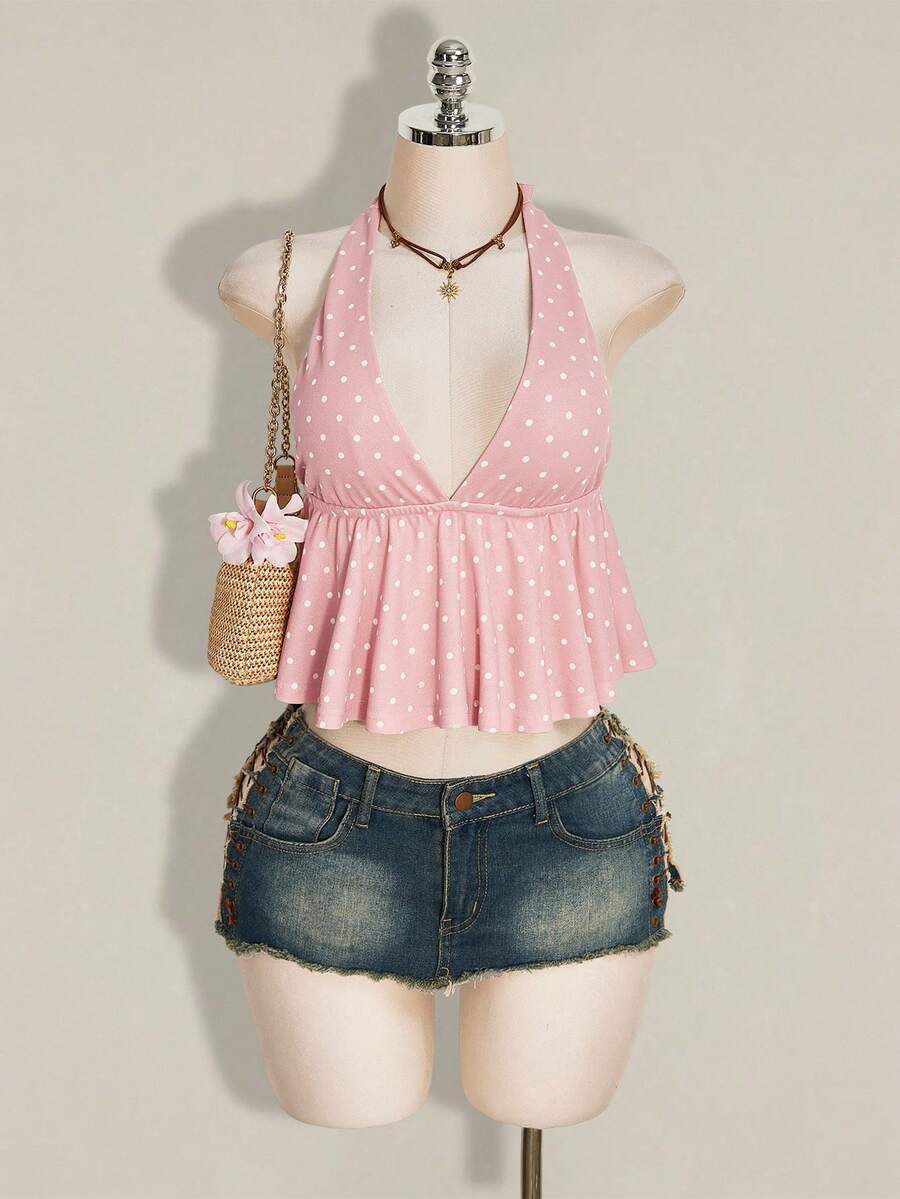 Women's polka dot print halter camisole with backless knot detail, ruched front, slim fit, and flared ruffle hem