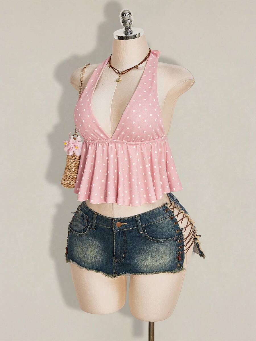 Women's polka dot print halter camisole with backless knot detail, ruched front, slim fit, and flared ruffle hem