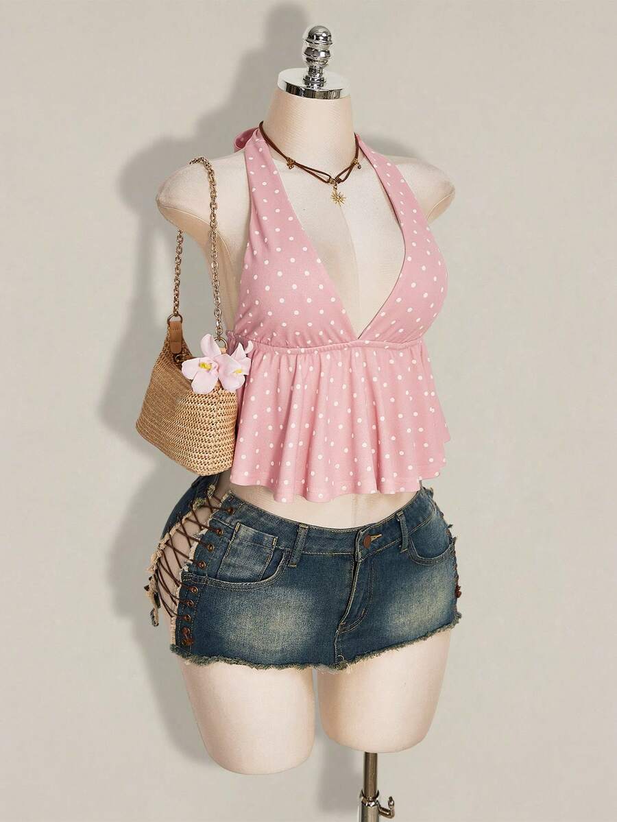 Women's polka dot print halter camisole with backless knot detail, ruched front, slim fit, and flared ruffle hem