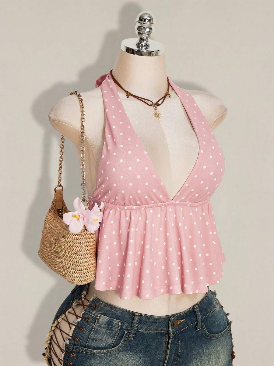 Women's polka dot print halter camisole with backless knot detail, ruched front, slim fit, and flared ruffle hem