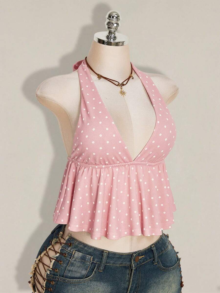 Women's polka dot print halter camisole with backless knot detail, ruched front, slim fit, and flared ruffle hem