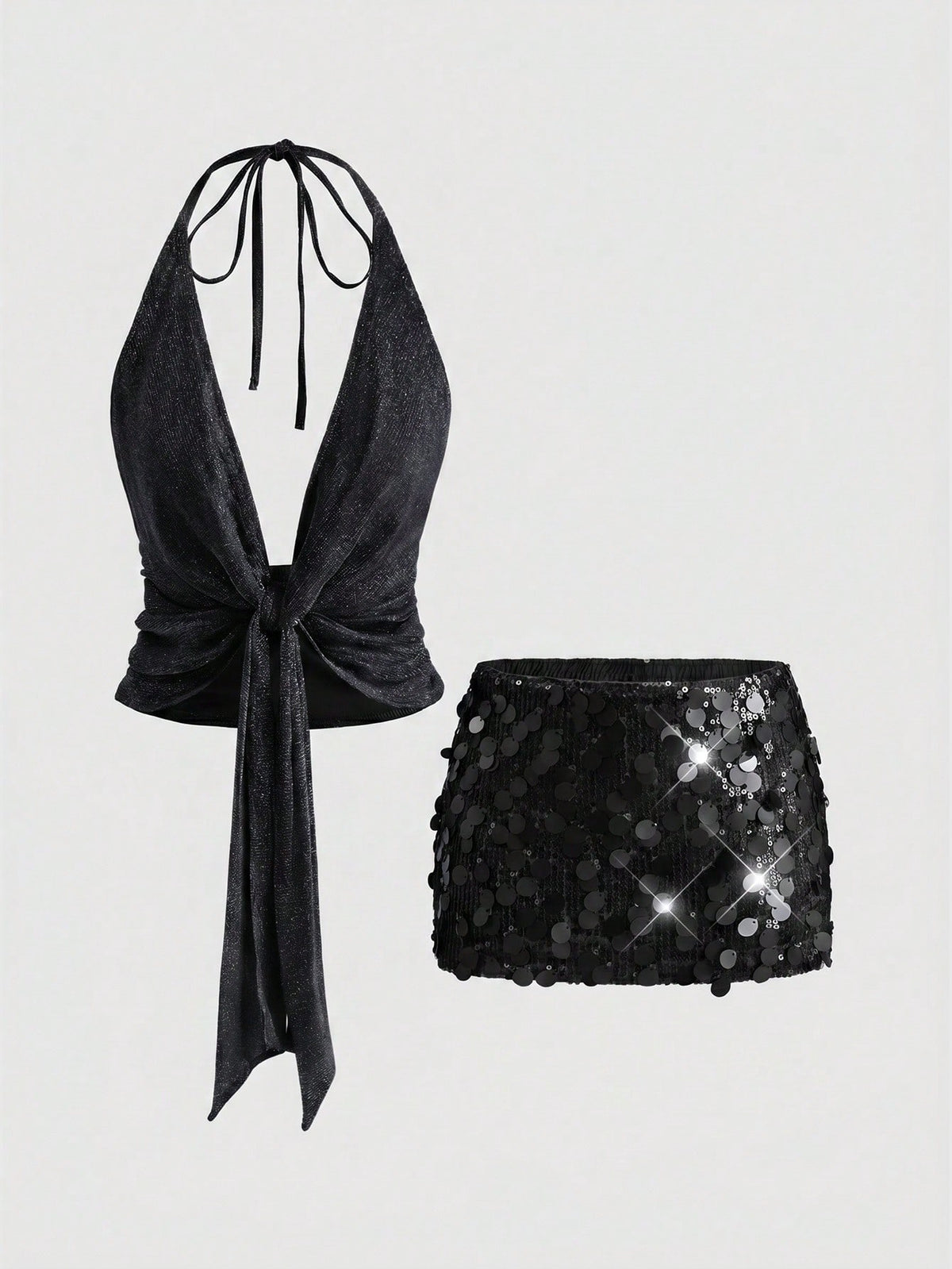 Women's halter crop camisole and ultra low waist mini sequin skirt set with backless knot tie-back detail