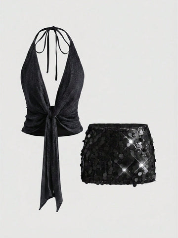 Women's halter crop camisole and ultra low waist mini sequin skirt set with backless knot tie-back detail