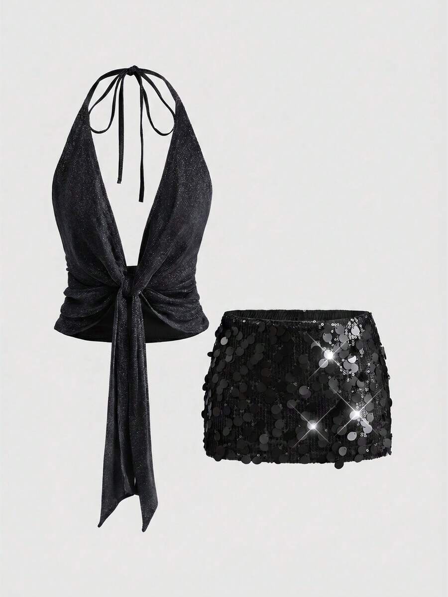Women's halter crop camisole and ultra low waist mini sequin skirt set with backless knot tie-back detail