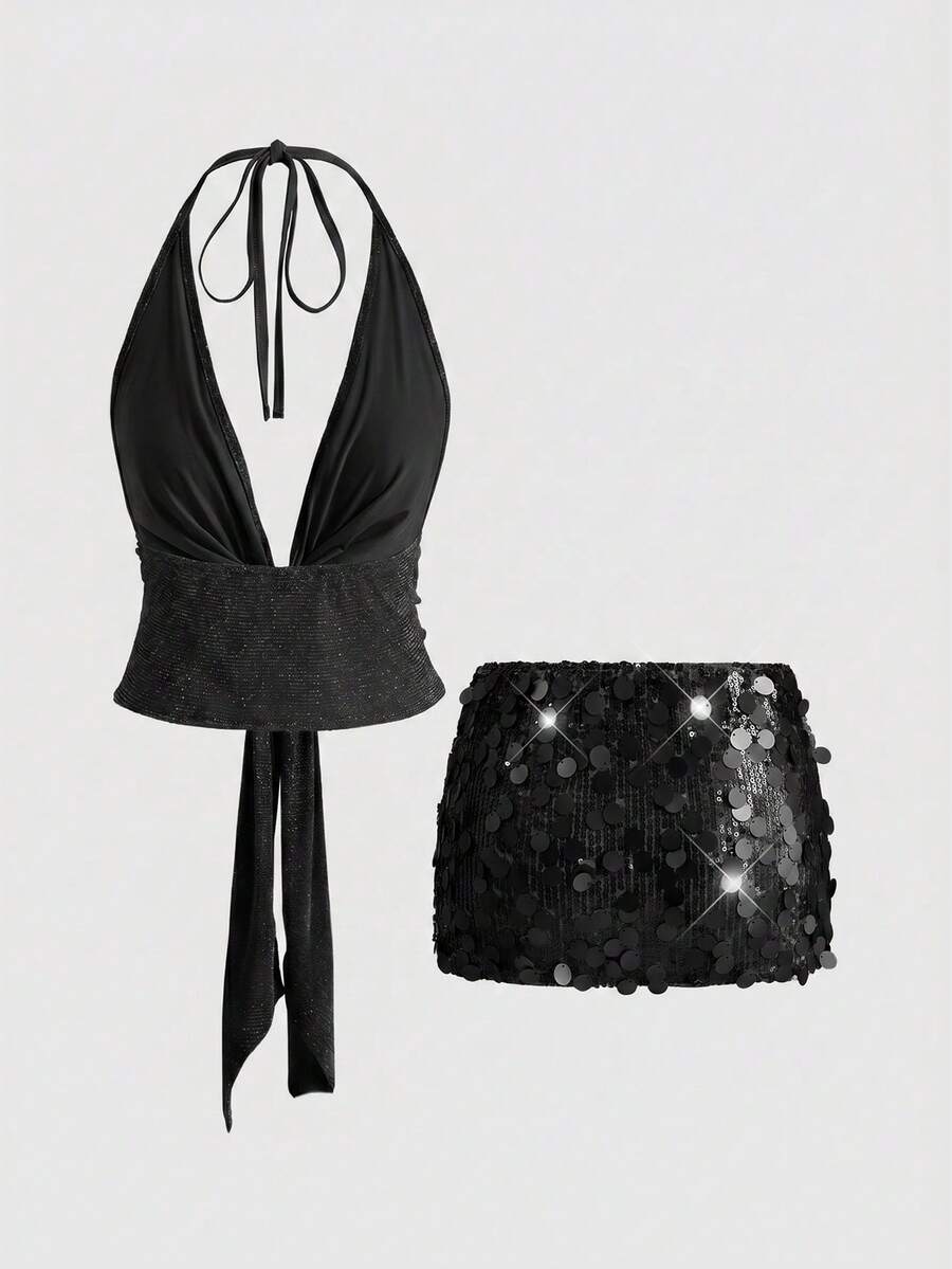 Women's halter crop camisole and ultra low waist mini sequin skirt set with backless knot tie-back detail