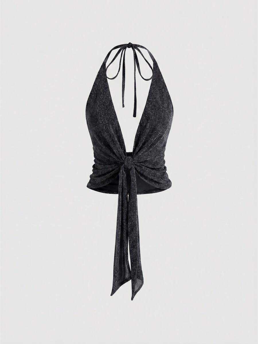 Women's halter crop camisole and ultra low waist mini sequin skirt set with backless knot tie-back detail