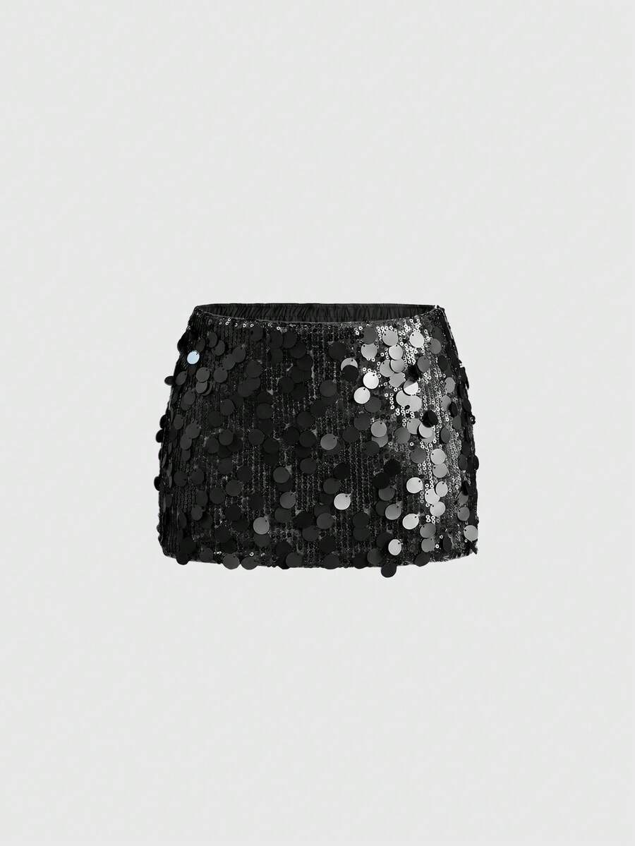 Women's halter crop camisole and ultra low waist mini sequin skirt set with backless knot tie-back detail