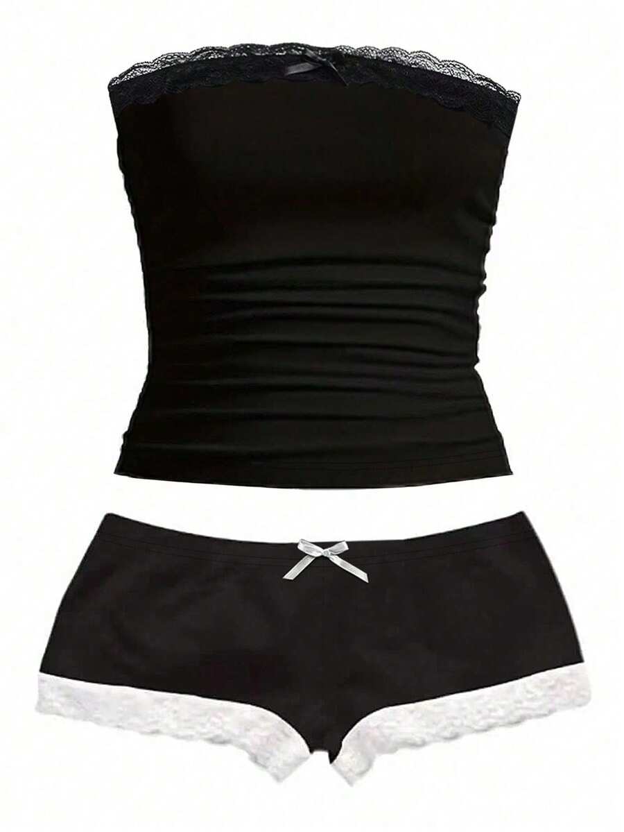Women's contrast lace strapless camisole and shorts two-piece outfit with ruffle detail and slim fit styling