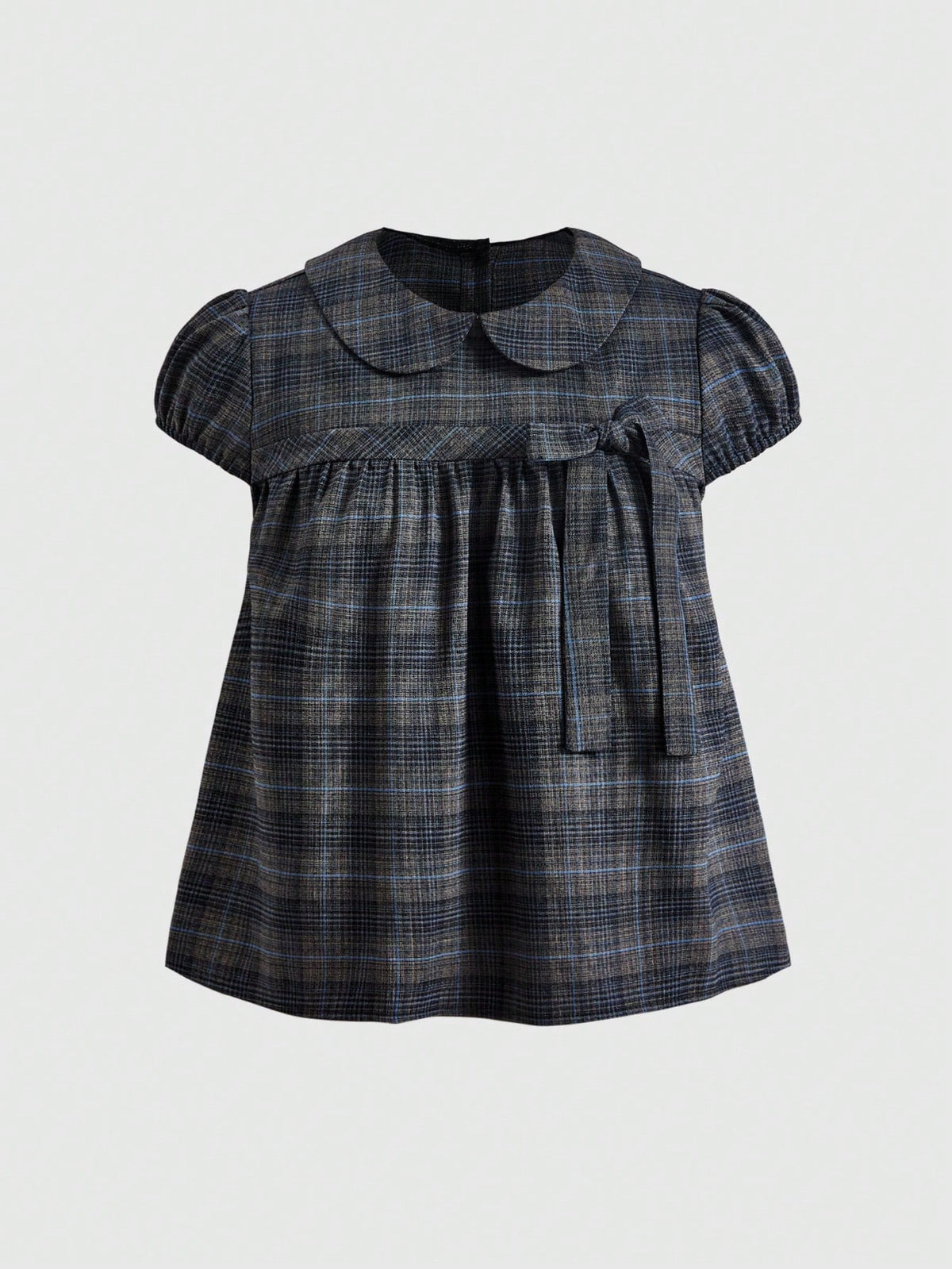 Short sleeve plaid shirt for women featuring a Peter Pan collar with a bow accent, puff sleeves, and a flared hem.
