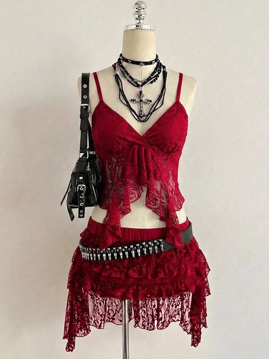 Attitoon women's Y2K style slim fit camisole top featuring contrast lace trim, spaghetti straps, plant print design, and an asymmetrical hem.