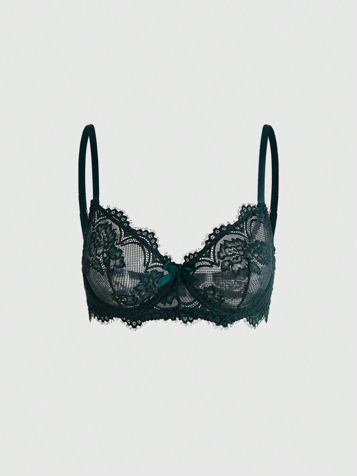 Sheer floral lace underwire triangle bra for women featuring adjustable straps and plunge cup design.
