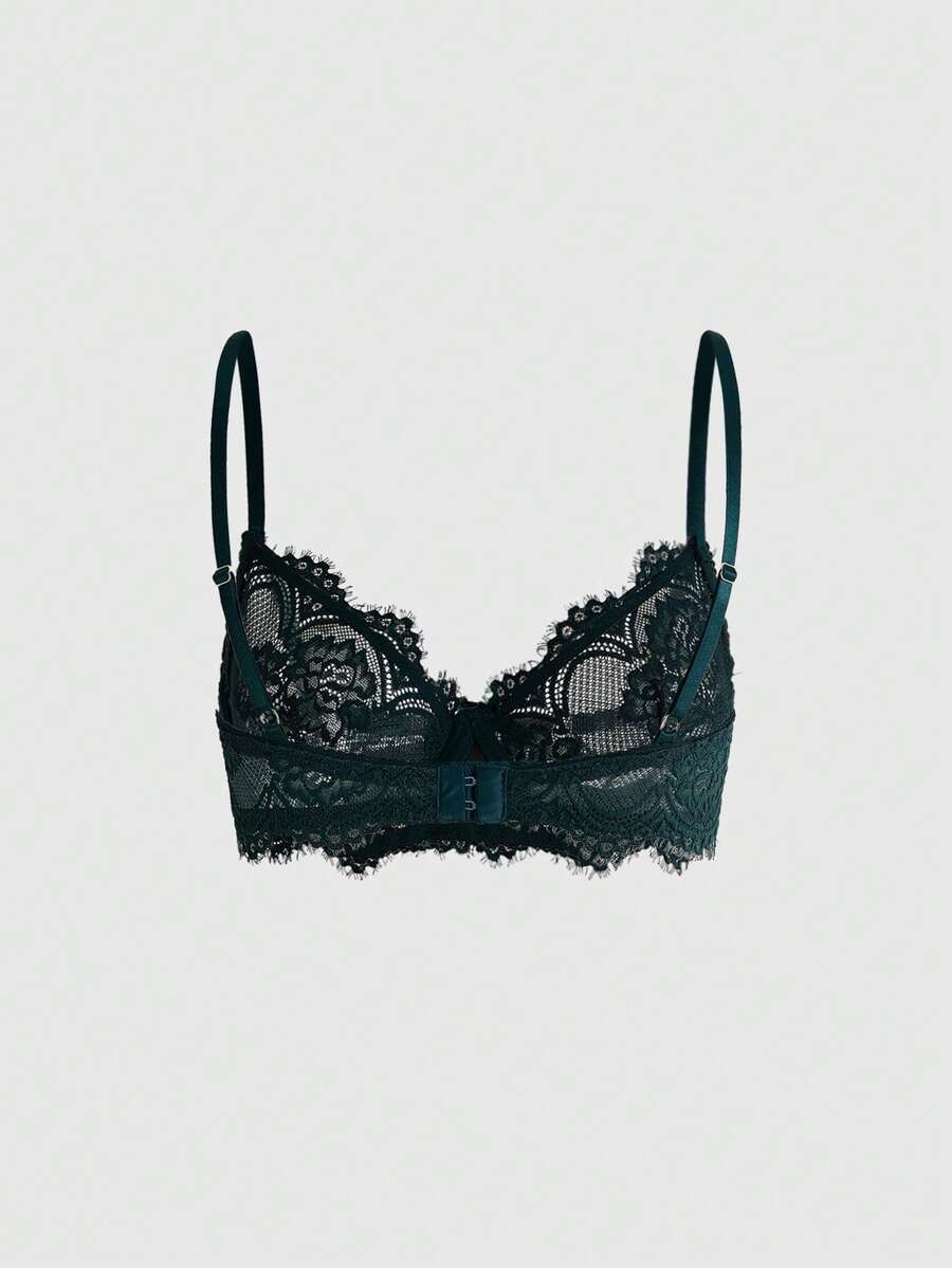 Sheer floral lace underwire triangle bra for women featuring adjustable straps and plunge cup design.