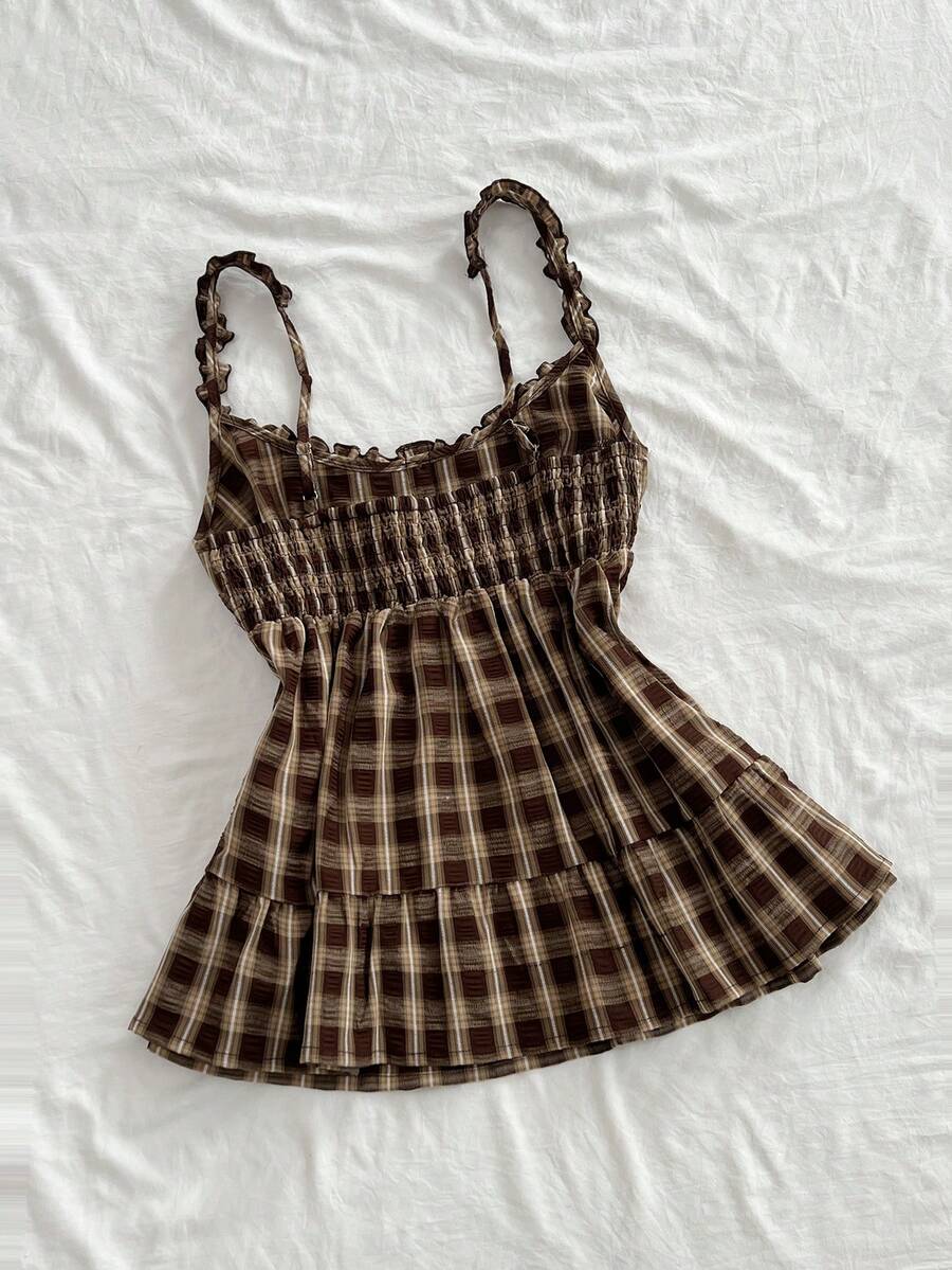 Women's multicolor plaid crop camisole with wide straps, shirred bodice, frill details, and ruffle hem