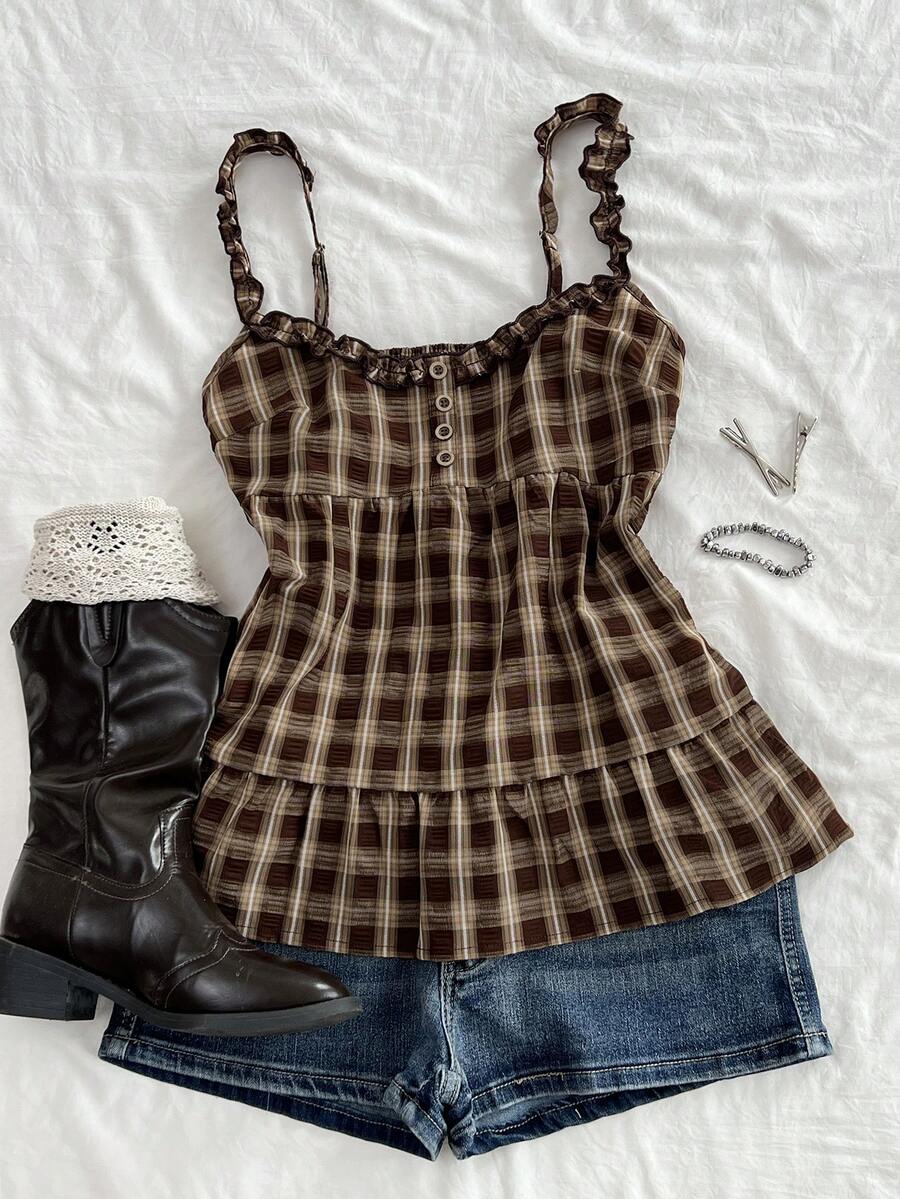 Women's multicolor plaid crop camisole with wide straps, shirred bodice, frill details, and ruffle hem