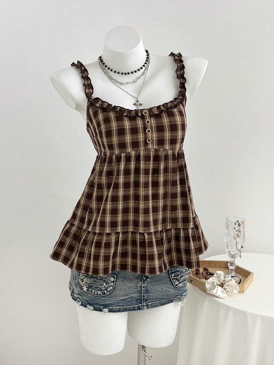 Women's multicolor plaid crop camisole with wide straps, shirred bodice, frill details, and ruffle hem