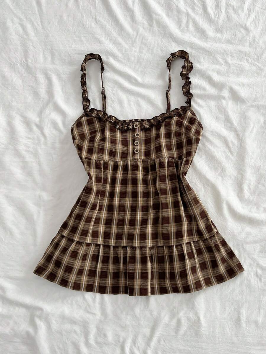 Women's multicolor plaid crop camisole with wide straps, shirred bodice, frill details, and ruffle hem