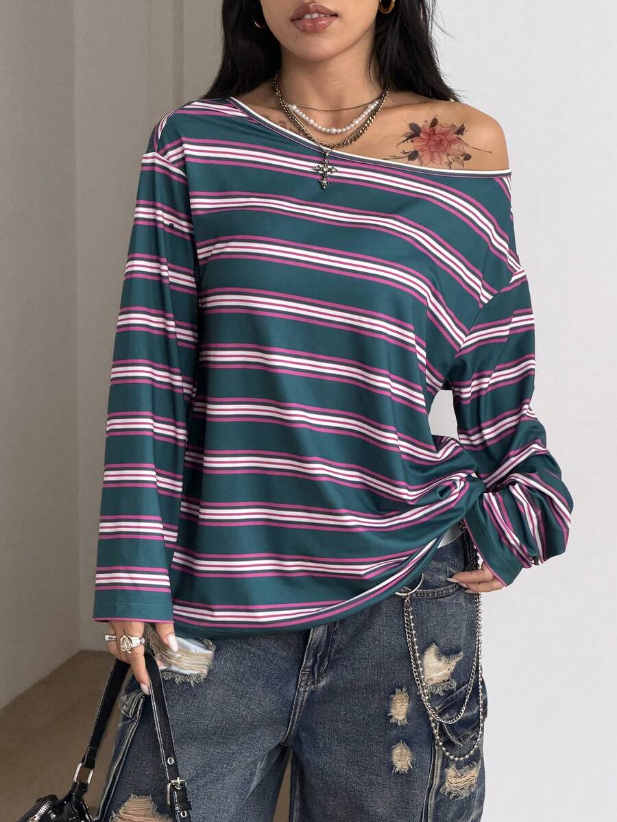 Women's brown striped boat neck long sleeve raglan T-shirt with a loose casual fit