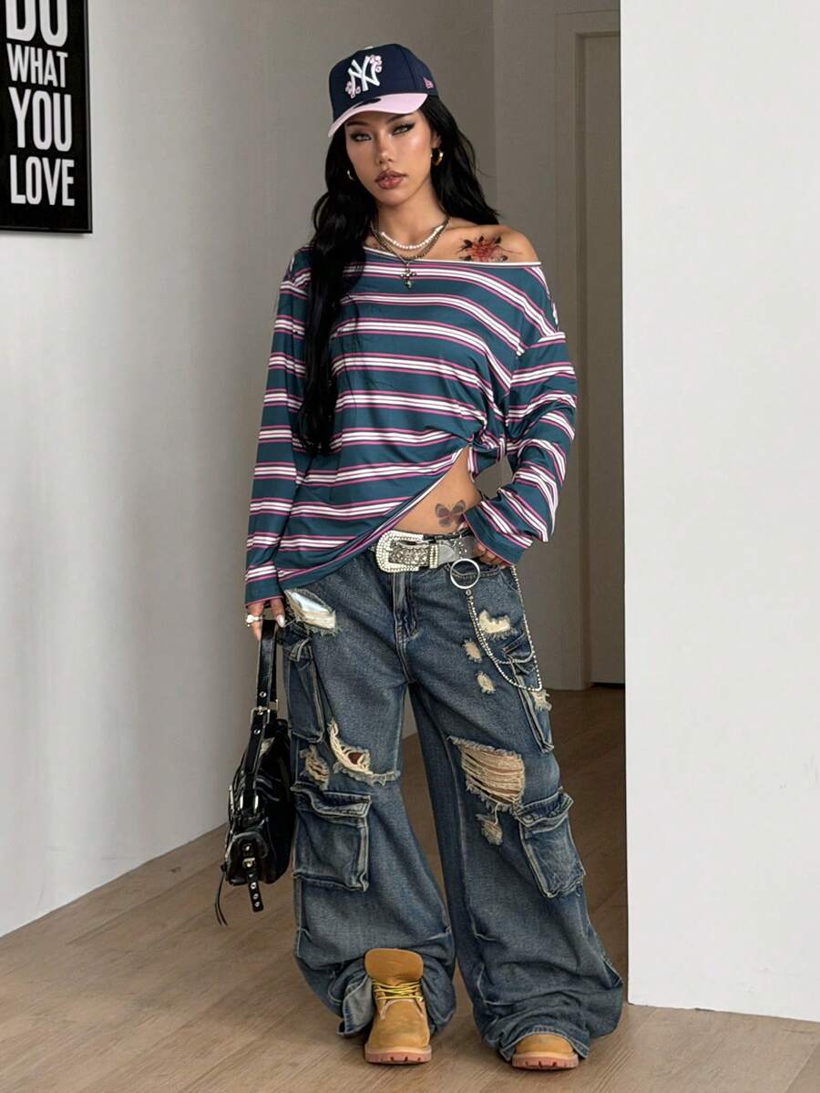 Women's brown striped boat neck long sleeve raglan T-shirt with a loose casual fit