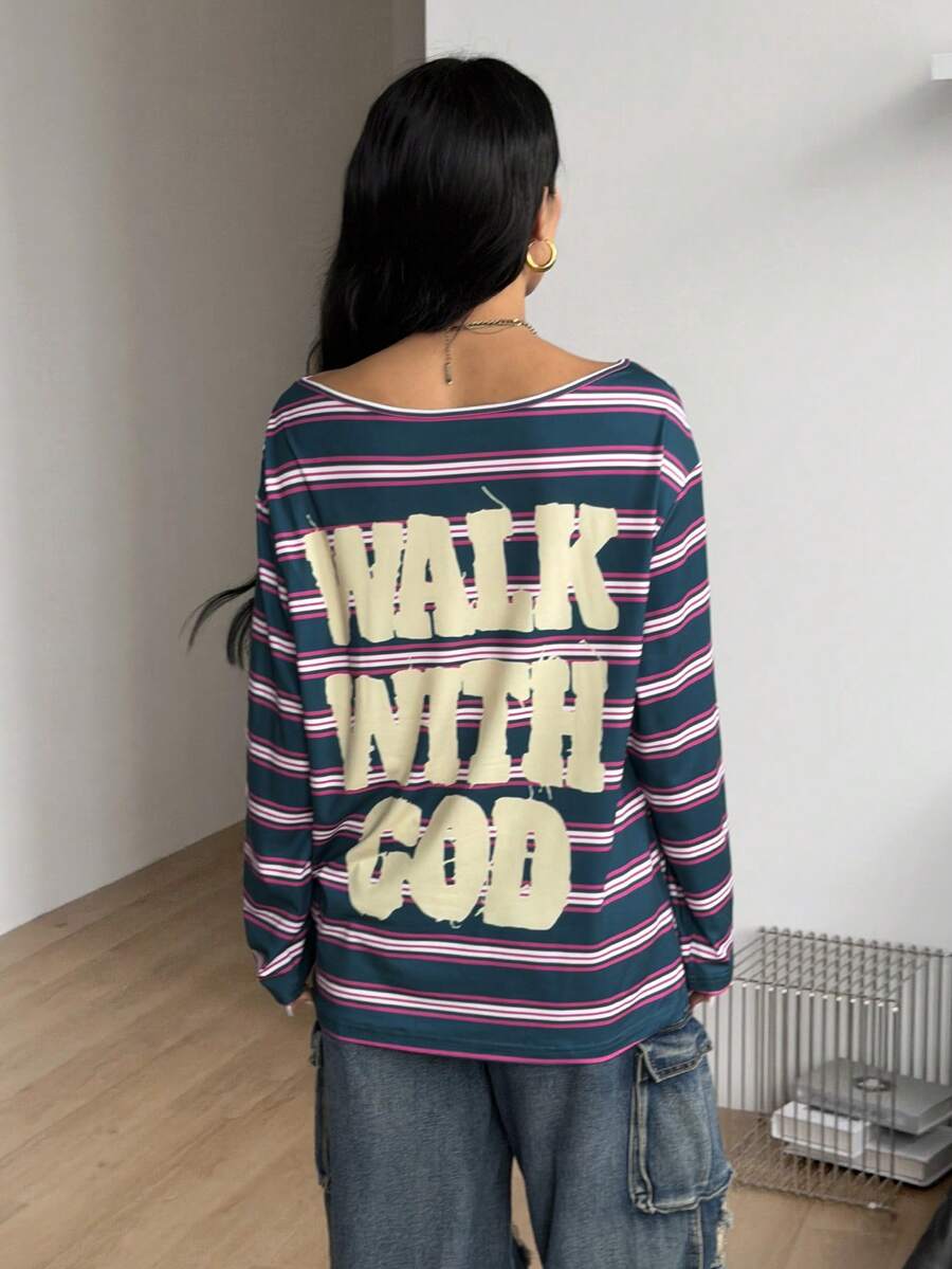 Women's brown striped boat neck long sleeve raglan T-shirt with a loose casual fit