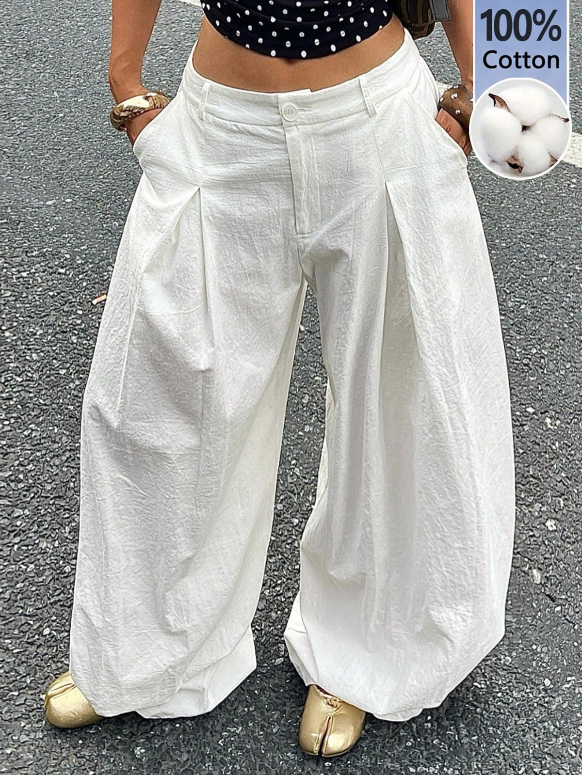 Casual black striped woven long pants for women featuring a low waist and loose fit design.