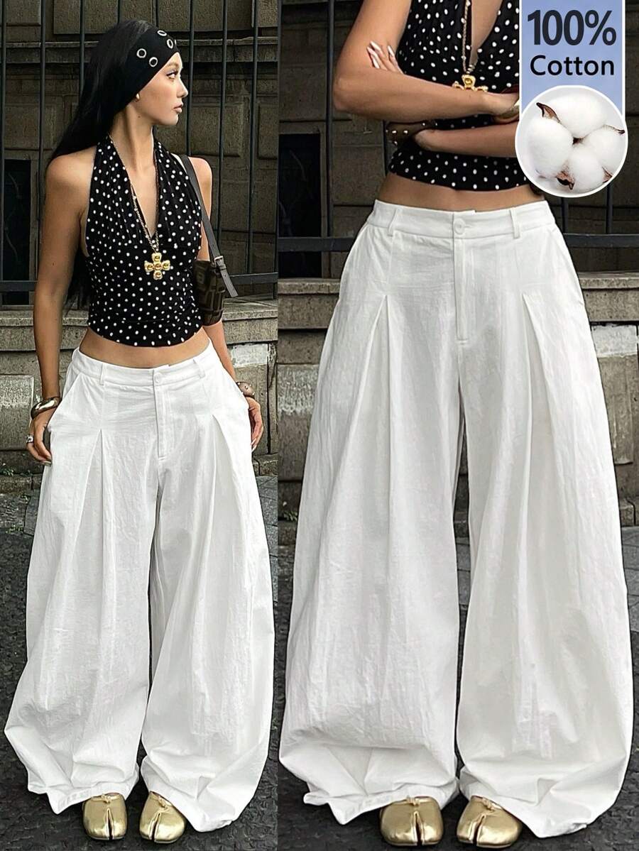 Casual black striped woven long pants for women featuring a low waist and loose fit design.
