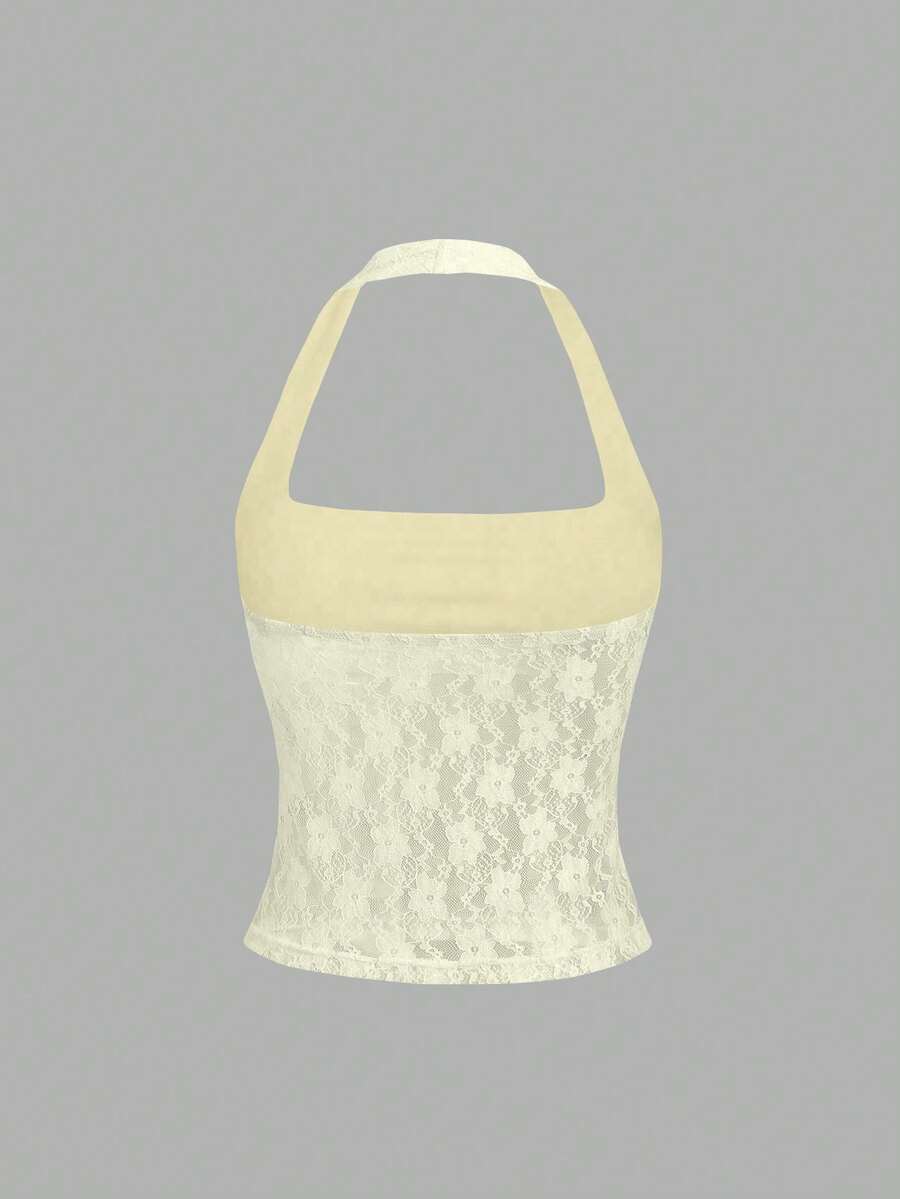 Women's solid lace halter top featuring a backless slim fit design with semi-sheer lace detail.