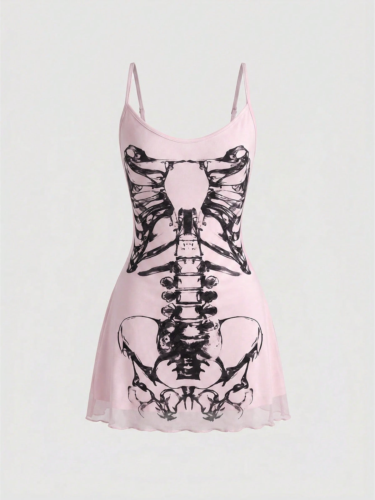 Women's black gothic retro romantic skeleton print sleeveless cami mini dress featuring spaghetti straps, ruched detailing, and a lettuce trim pencil hem.