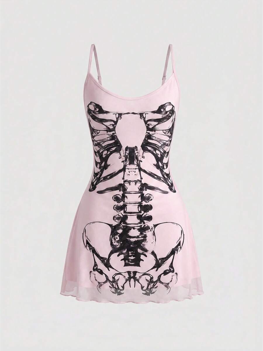 Women's black gothic retro romantic skeleton print sleeveless cami mini dress featuring spaghetti straps, ruched detailing, and a lettuce trim pencil hem.