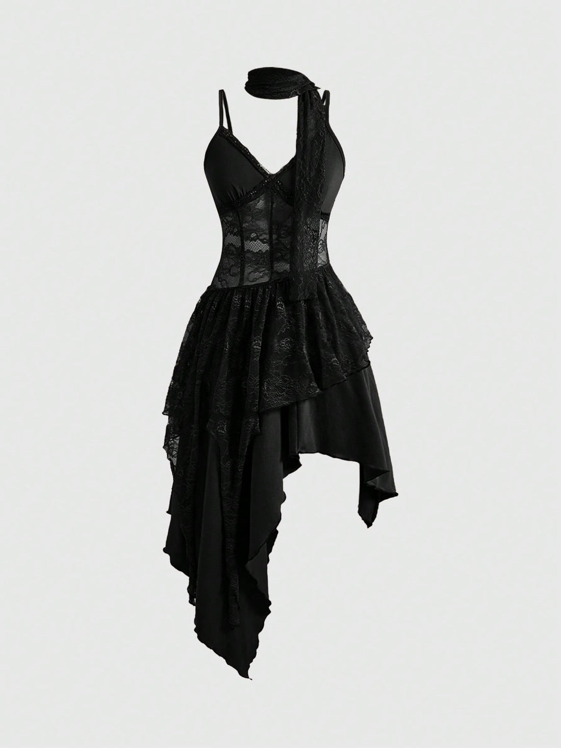 Lace patchwork asymmetrical hem layered midi dress for women featuring cami straps and slim fit high waist.