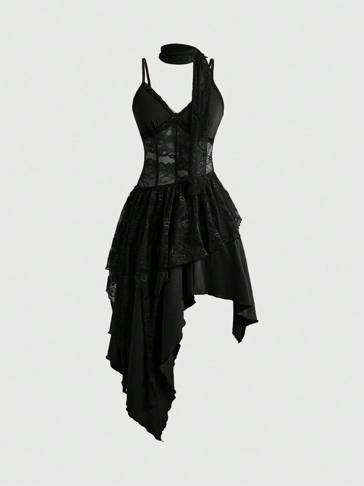 Lace patchwork asymmetrical hem layered midi dress for women featuring cami straps and slim fit high waist.