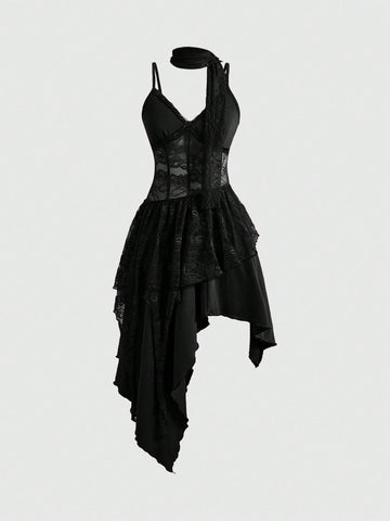 Lace patchwork asymmetrical hem layered midi dress for women featuring cami straps and slim fit high waist.