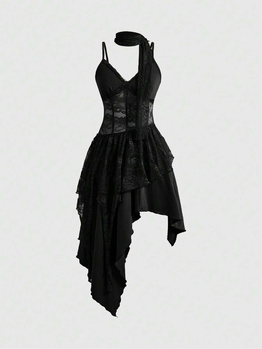 Lace patchwork asymmetrical hem layered midi dress for women featuring cami straps and slim fit high waist.