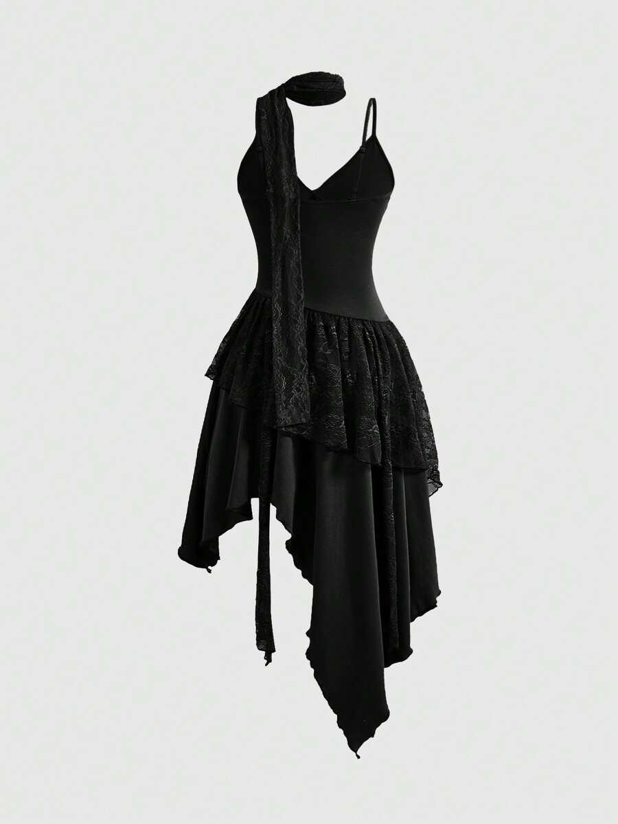 Lace patchwork asymmetrical hem layered midi dress for women featuring cami straps and slim fit high waist.