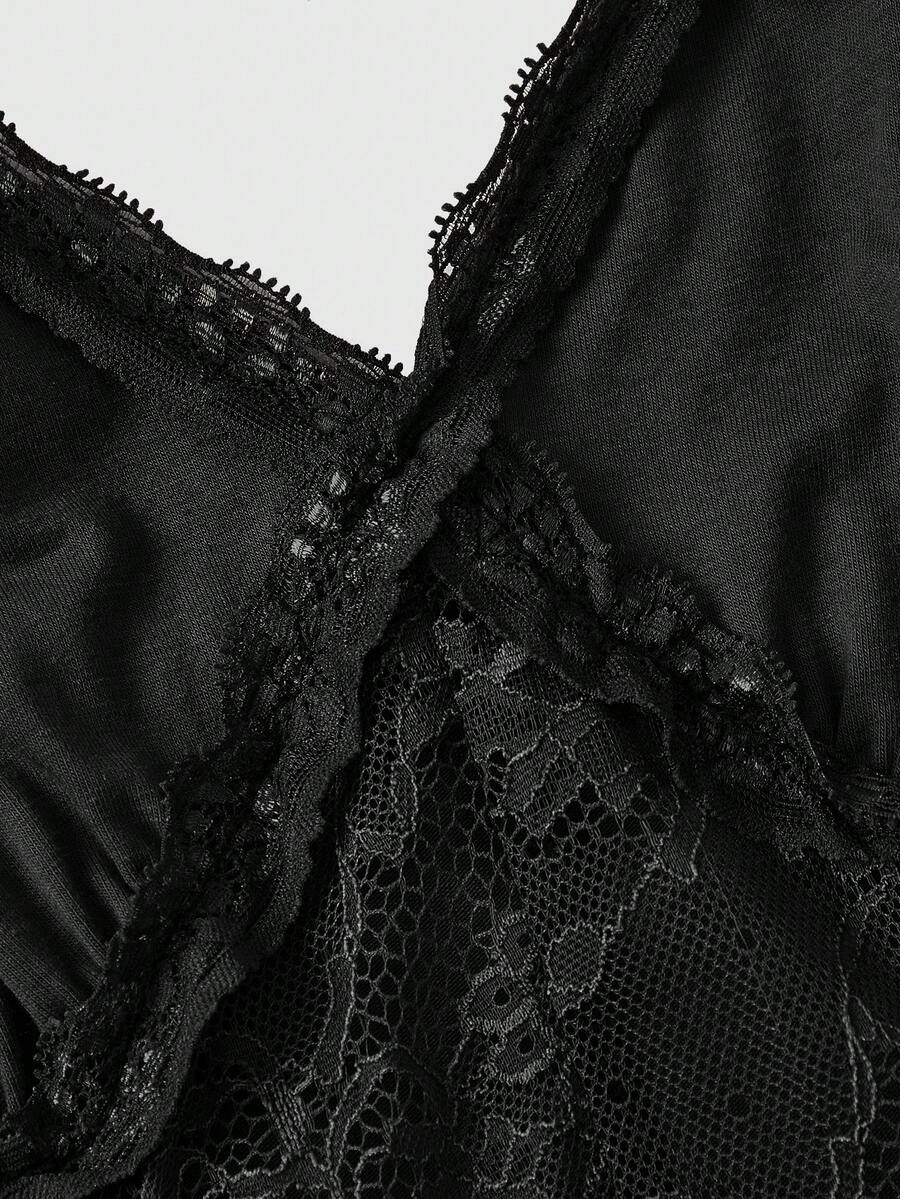 Lace patchwork asymmetrical hem layered midi dress for women featuring cami straps and slim fit high waist.