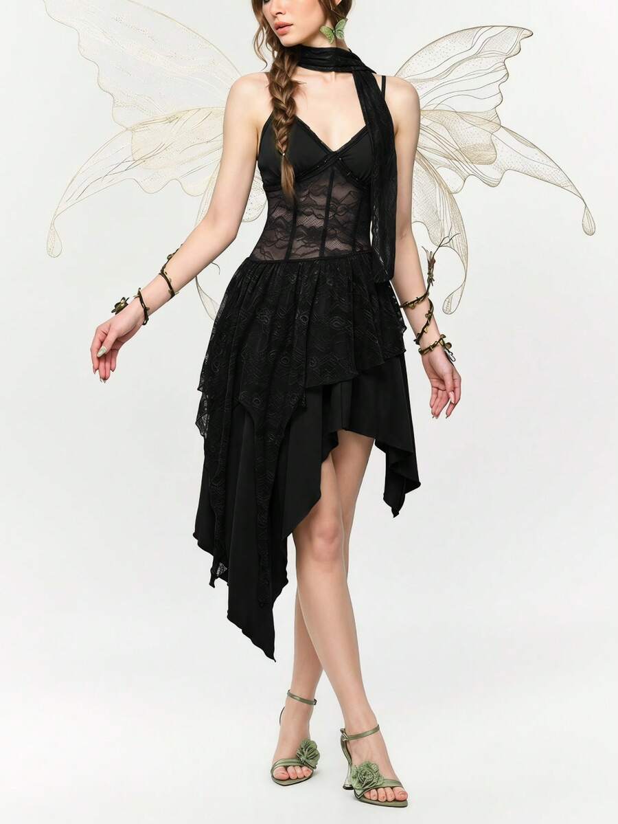 Lace patchwork asymmetrical hem layered midi dress for women featuring cami straps and slim fit high waist.