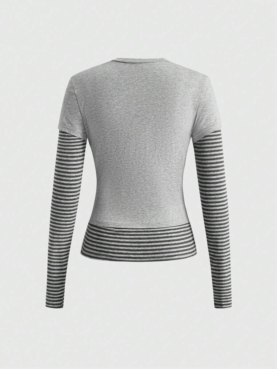 Women's slim fit long sleeve t-shirt featuring a casual round neck and 2-in-1 patchwork striped design.