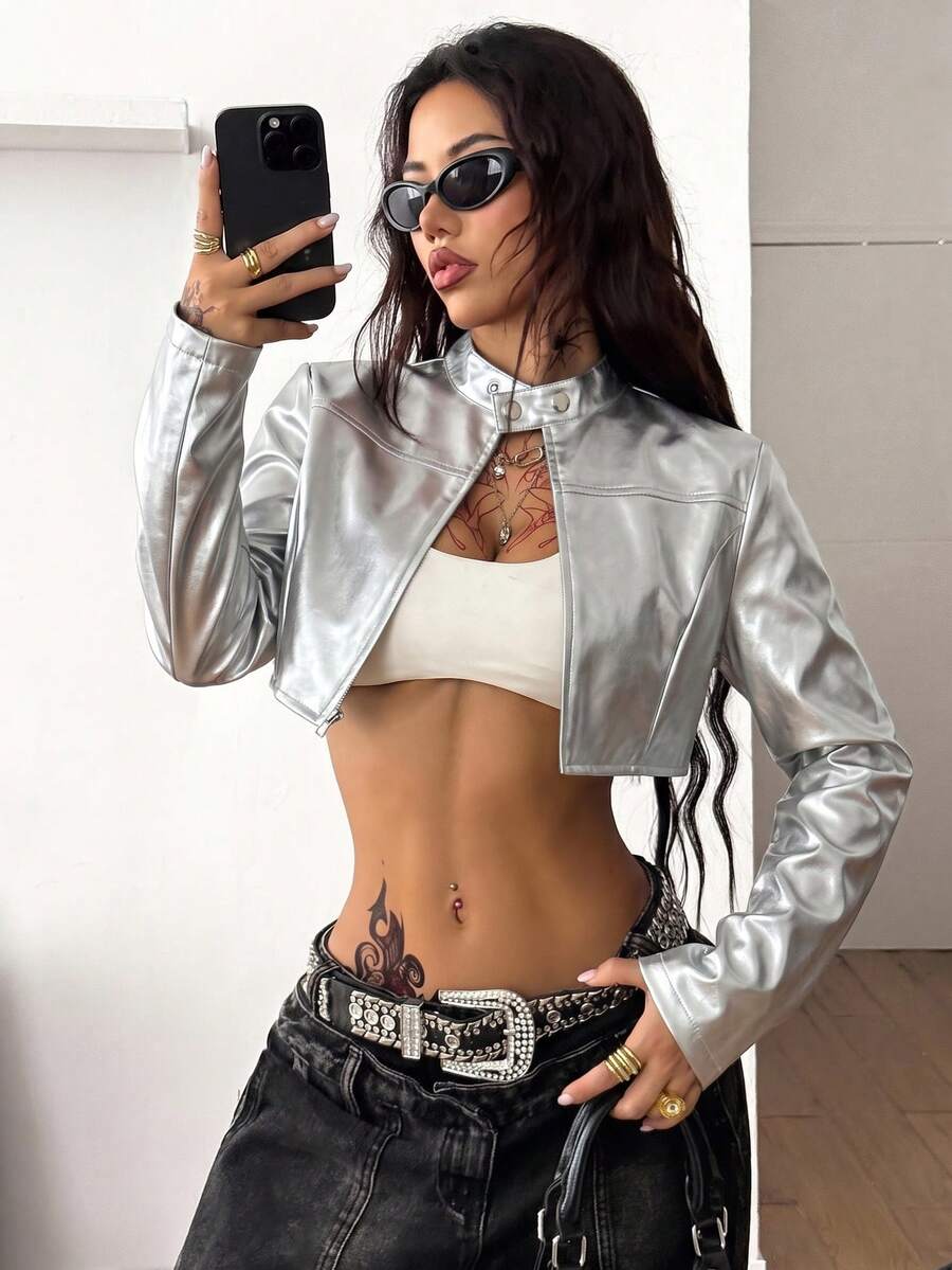 Women's metallic grey cropped faux leather jacket featuring a stand collar and asymmetrical zip front closure.