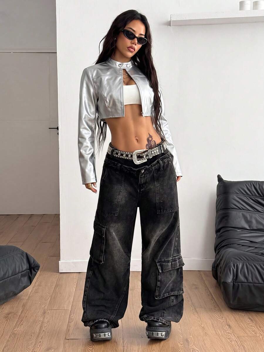 Women's metallic grey cropped faux leather jacket featuring a stand collar and asymmetrical zip front closure.