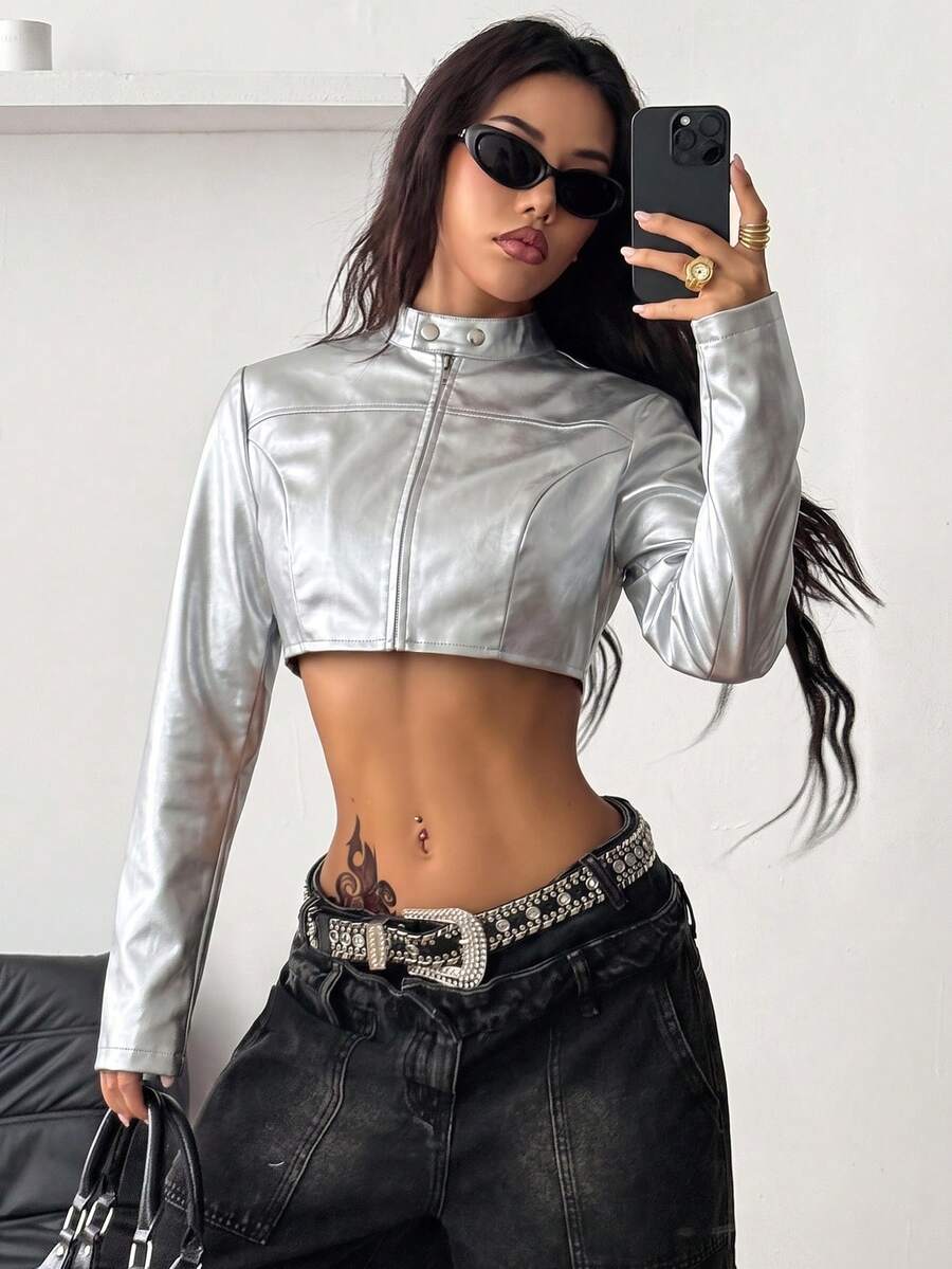 Women's metallic grey cropped faux leather jacket featuring a stand collar and asymmetrical zip front closure.